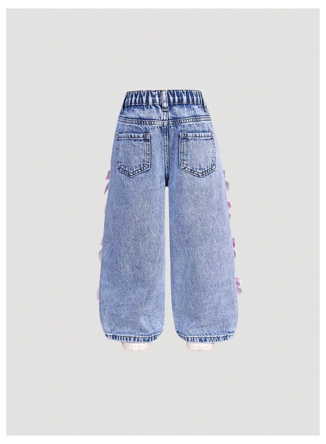 WDIRARA Toddler Girl's Y2k Bow Jeans Elastic High Waisted Wide Leg Denim Pants Light Wash Blue 6Y - Image 2