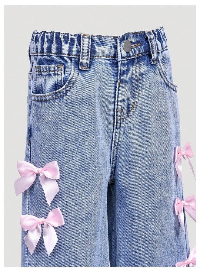 WDIRARA Toddler Girl's Y2k Bow Jeans Elastic High Waisted Wide Leg Denim Pants Light Wash Blue 6Y - Image 3