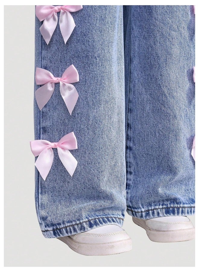 WDIRARA Toddler Girl's Y2k Bow Jeans Elastic High Waisted Wide Leg Denim Pants Light Wash Blue 6Y - Image 5