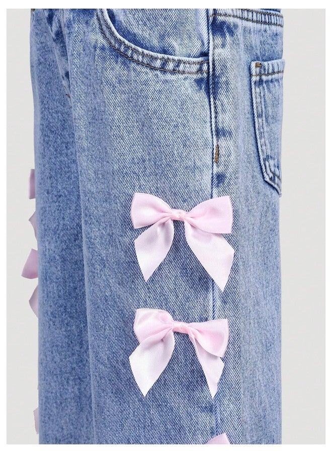 WDIRARA Toddler Girl's Y2k Bow Jeans Elastic High Waisted Wide Leg Denim Pants Light Wash Blue 6Y - Image 4