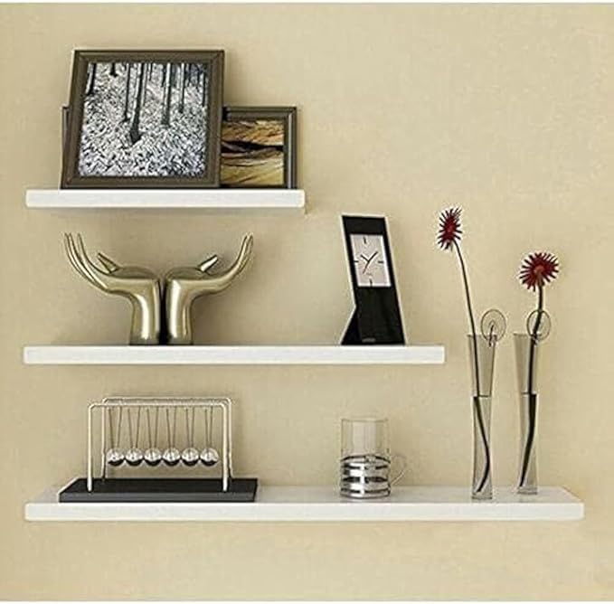 Set of 3 Floating Wall Shelves – Modern White Wooden Shelves for Living Room, Bedroom, Kitchen & Office Decoration