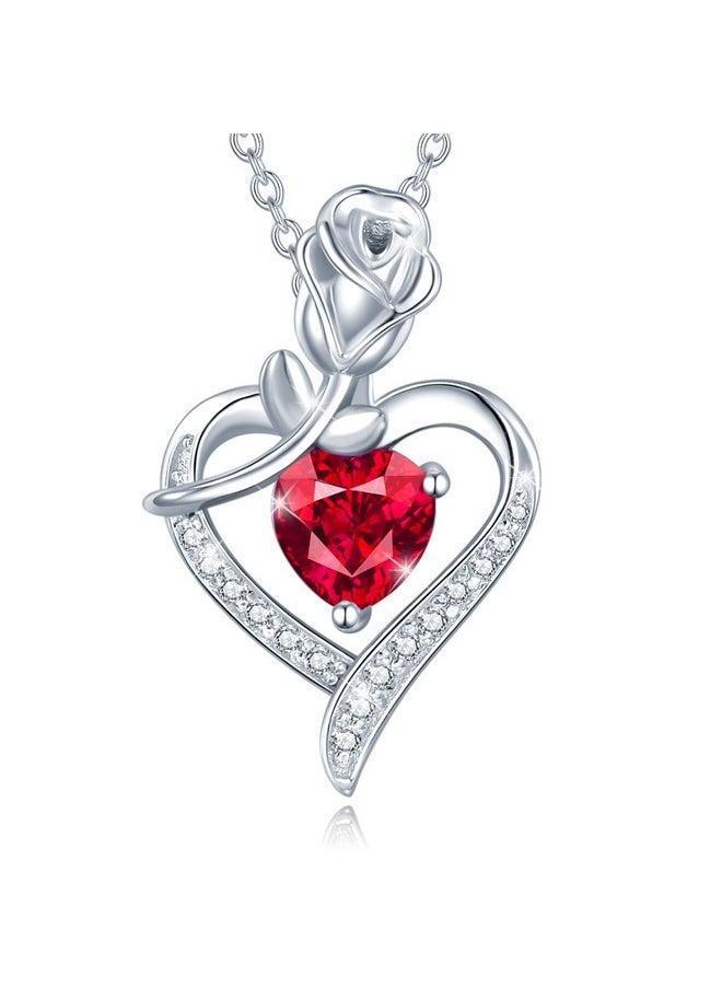 Agvana July Birthstone Jewelry Ruby Necklace For Women Sterling Silver Rose Flower Heart Pendant Necklace Fine Jewelry Anniversary Birthday Gifts For Women Mom Wife Lady Her  - Image 1
