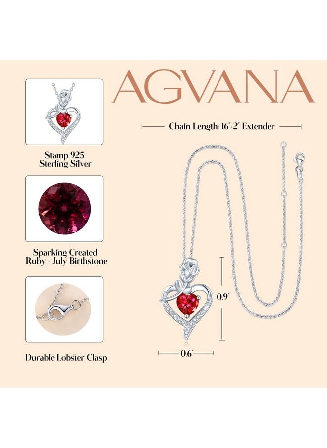 Agvana July Birthstone Jewelry Ruby Necklace For Women Sterling Silver Rose Flower Heart Pendant Necklace Fine Jewelry Anniversary Birthday Gifts For Women Mom Wife Lady Her  - Image 5