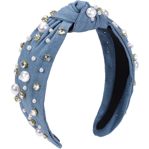 WantGor Pearl Knotted Headband, Women Rhinestone Embellished Hairband Elegant Wide Top Knot Bride Headbands Headpieces Party Fashion Elegant Ladies Hair Band Hair Hoop Accessories (Denim blue) - Image 1