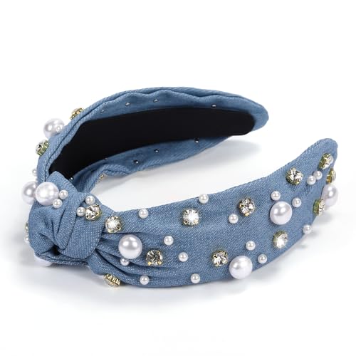 WantGor Pearl Knotted Headband, Women Rhinestone Embellished Hairband Elegant Wide Top Knot Bride Headbands Headpieces Party Fashion Elegant Ladies Hair Band Hair Hoop Accessories (Denim blue) - Image 2