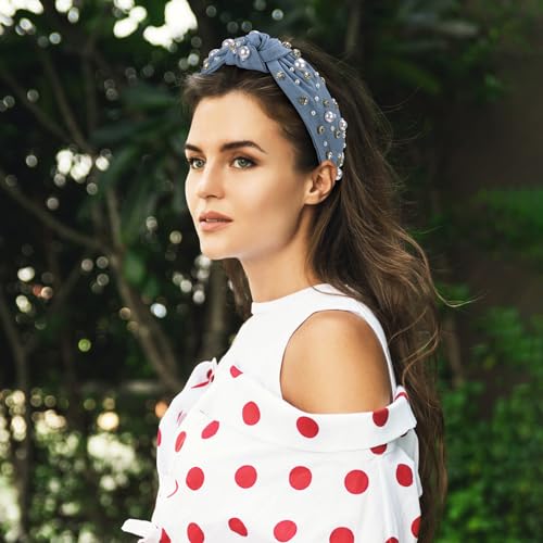 WantGor Pearl Knotted Headband, Women Rhinestone Embellished Hairband Elegant Wide Top Knot Bride Headbands Headpieces Party Fashion Elegant Ladies Hair Band Hair Hoop Accessories (Denim blue) - Image 5