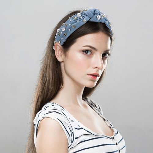 WantGor Pearl Knotted Headband, Women Rhinestone Embellished Hairband Elegant Wide Top Knot Bride Headbands Headpieces Party Fashion Elegant Ladies Hair Band Hair Hoop Accessories (Denim blue) - Image 4