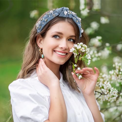 WantGor Pearl Knotted Headband, Women Rhinestone Embellished Hairband Elegant Wide Top Knot Bride Headbands Headpieces Party Fashion Elegant Ladies Hair Band Hair Hoop Accessories (Denim blue) - Image 3