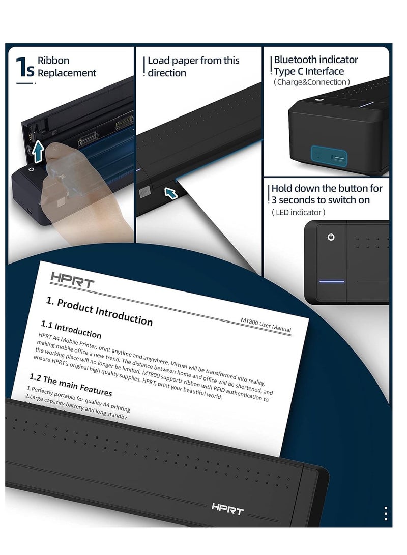 اتش بي ار تي HPRT MT800 طابعة محمولة للنقل الحراري تدعم 8.5 بوصة × 11 بوصة حرف أمريكي وورق A4 طابعة بلوتوث لاسلكية للسفر متوافقة مع Android وiOS، مناسبة أثناء التنقل - Image 5