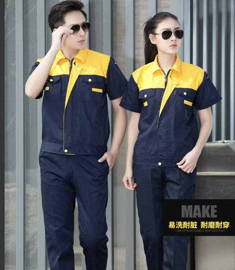 Spring and Autumn single top overalls mens wear-resistant welding auto repair labor protective clothing factory workshop engineering long sleeve color matching shoulder Top yellow bottom navy blue short-sleeved single top 