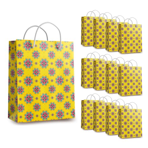 Untumble Paper Gift Bags (12 Pieces,7X5X3.5 Inches) Indian Motif Printed Small Size-Return Gifts Paper Carry Bag For Indian Festive Occasions,Weddings,Baby Shower,Engagements,Poojas,Bhajans-Yellow - Image 1