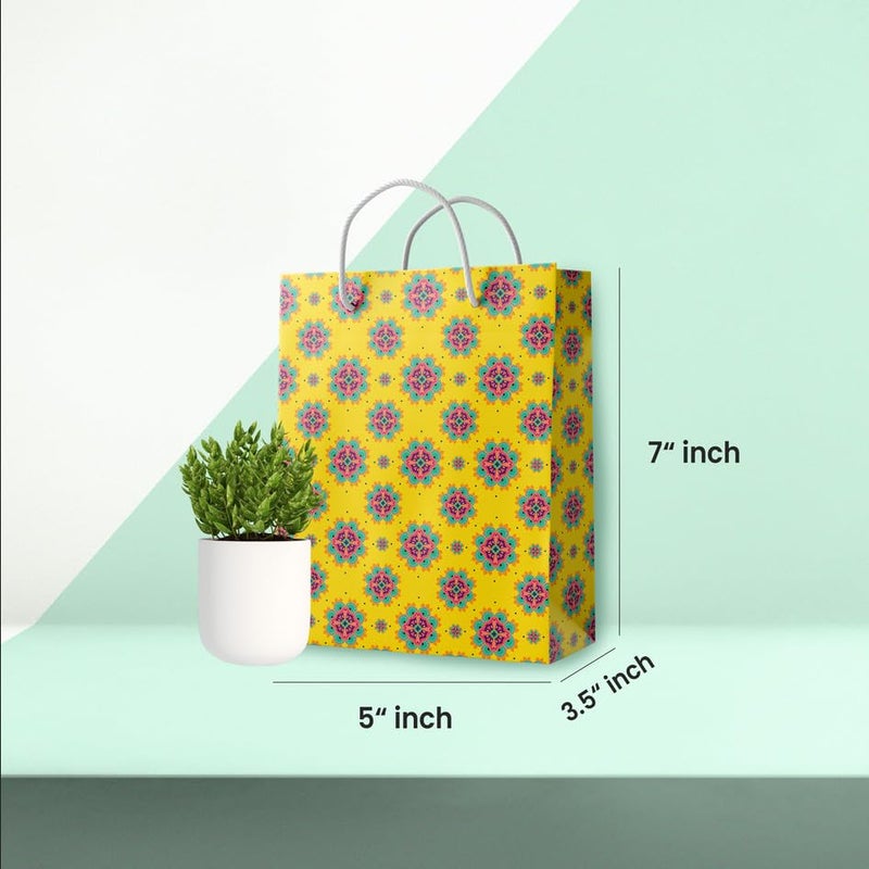 Untumble Paper Gift Bags (12 Pieces,7X5X3.5 Inches) Indian Motif Printed Small Size-Return Gifts Paper Carry Bag For Indian Festive Occasions,Weddings,Baby Shower,Engagements,Poojas,Bhajans-Yellow - Image 2