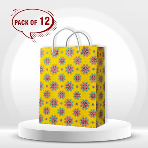 Untumble Paper Gift Bags (12 Pieces,7X5X3.5 Inches) Indian Motif Printed Small Size-Return Gifts Paper Carry Bag For Indian Festive Occasions,Weddings,Baby Shower,Engagements,Poojas,Bhajans-Yellow - Image 3
