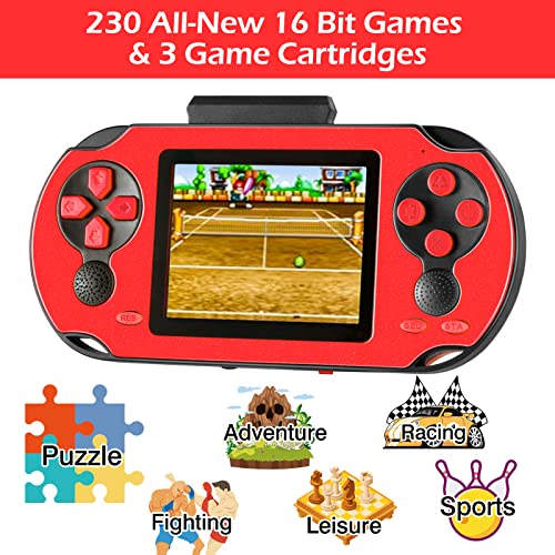 TaddToy 16 Bit Handheld Game for Kids Adults 30 Large Screen Preloaded 230 HD Classic Retro Video Games with USB Rechargeable Battery 3 Game Cartridges for Birthday Gift for Kids 412 Red - Image 5