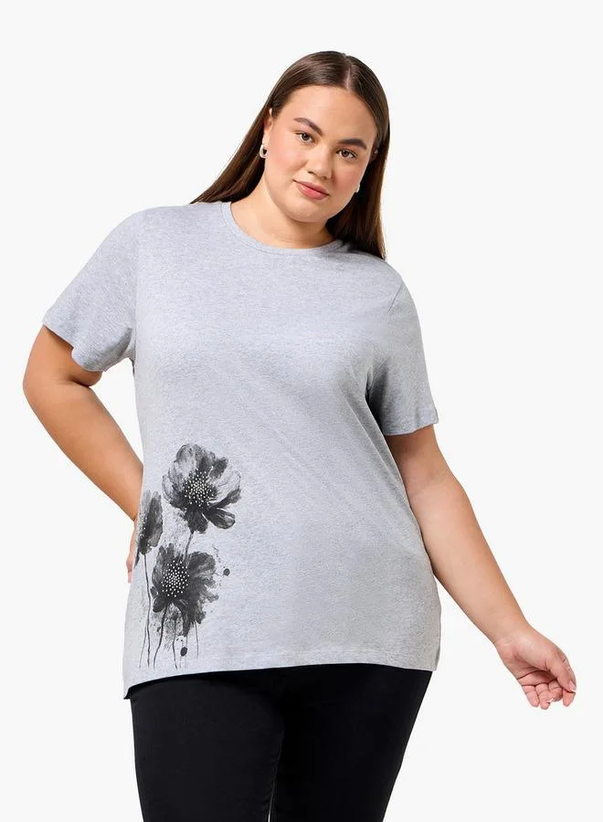 Ulla Popken Ulla Popken Relaxed Fit Cotton T shirt with Floral Print