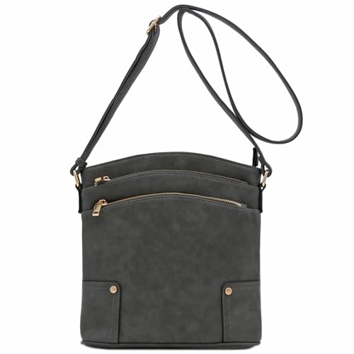 ALYSSA Triple Zip Pocket Large Crossbody Bag (Dark Gray) - Image 2