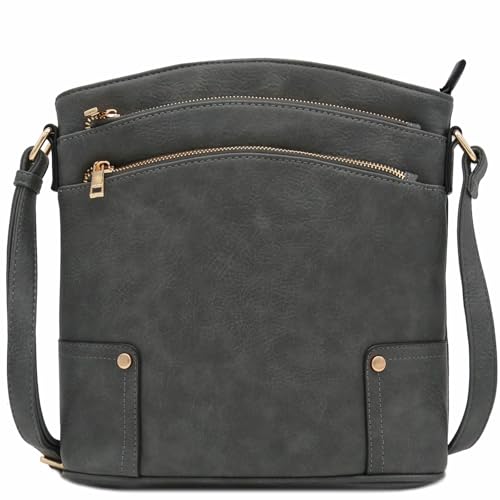 ALYSSA Triple Zip Pocket Large Crossbody Bag (Dark Gray) - Image 1