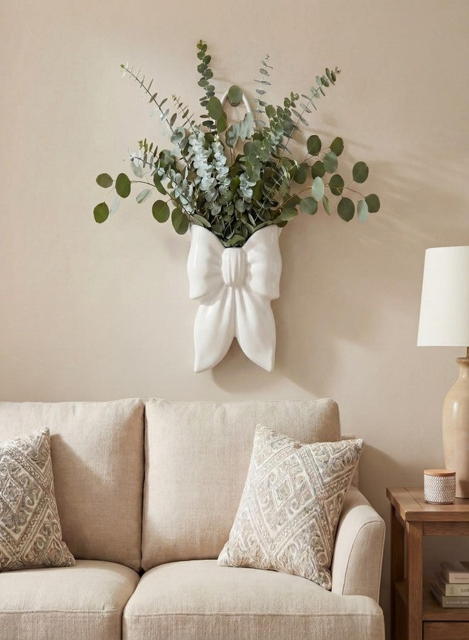 Ninehaoou Bow Ceramic Hanging Planter Wall Flower Vase Room Decor Hanging Vase for Flowers Planters for Indoor Plants Wall Mount Plant Pots for Home Living Room Bedroom Indoor Outdoor (White) - Image 2