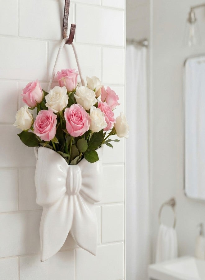 Ninehaoou Bow Ceramic Hanging Planter Wall Flower Vase Room Decor Hanging Vase for Flowers Planters for Indoor Plants Wall Mount Plant Pots for Home Living Room Bedroom Indoor Outdoor (White) - Image 1