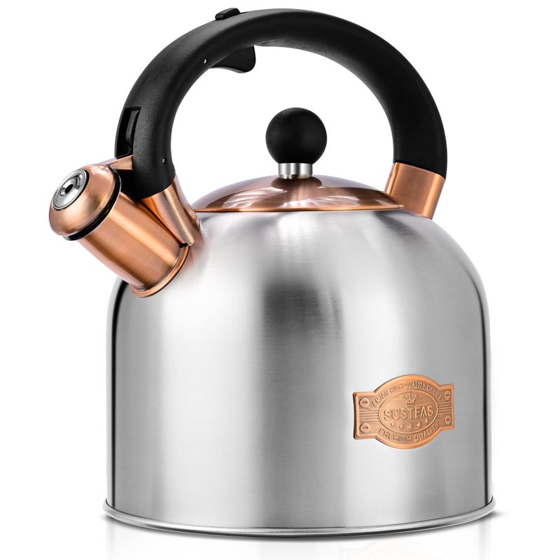 SUSTEAS Tea Kettle  317QT Whistling Kettle with Ergonomic Handle  Premium Stainless Steel Tea Pots for Stove Top Chic Vintage Teapot with Composite Base Work for All Stovetops Silver