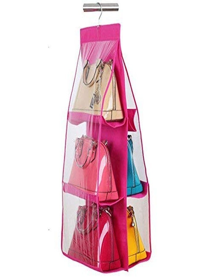 VEDVIT 6 Pockets Pouch Hanging Handbag Organizer Clear Purse Bag Collection Storage Holder Wardrobe Closet Space Saving Fabric for Living Room Bedroom Cupboards Bathroom Home Use Pack of 1 (Pink) - Image 1