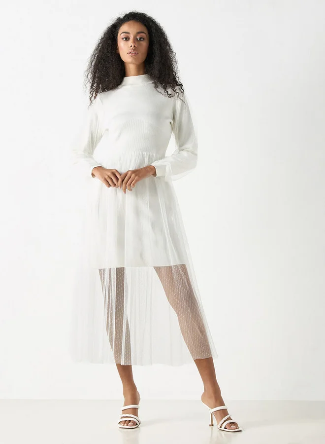 2Xtremz 2Xtremz Mesh Textured Midi Dress with Long Sleeves and High Neck