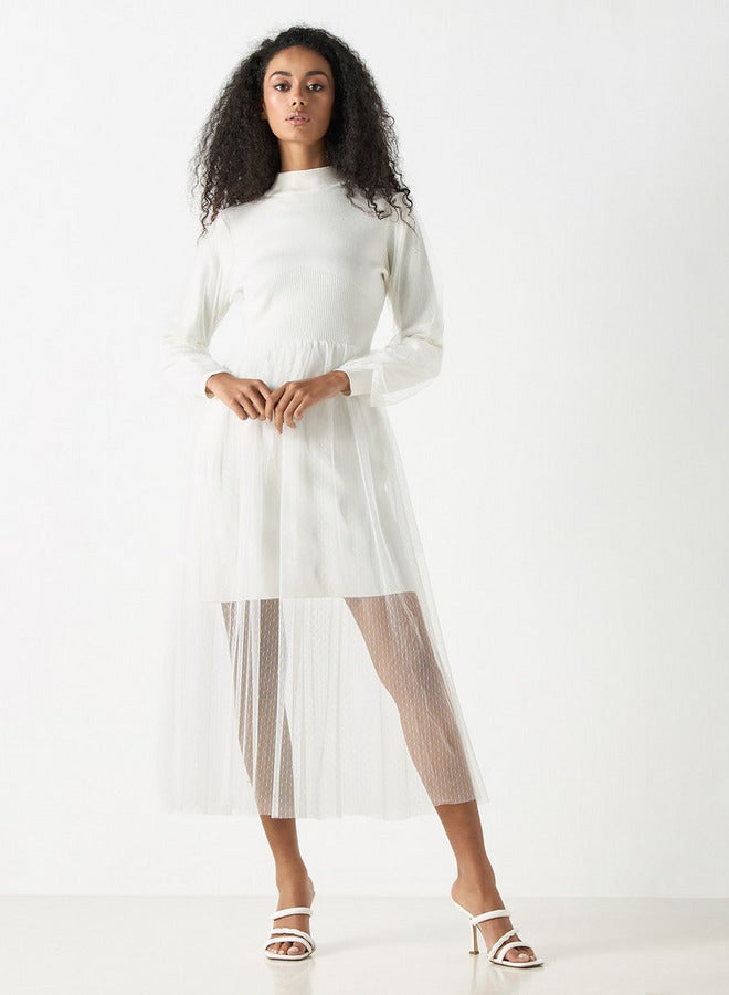 تواكستريمز فستان ميدي شبكي بارز الملمس بياقة عالية وأكمام طويلة من تو إكستريمز - Image 2