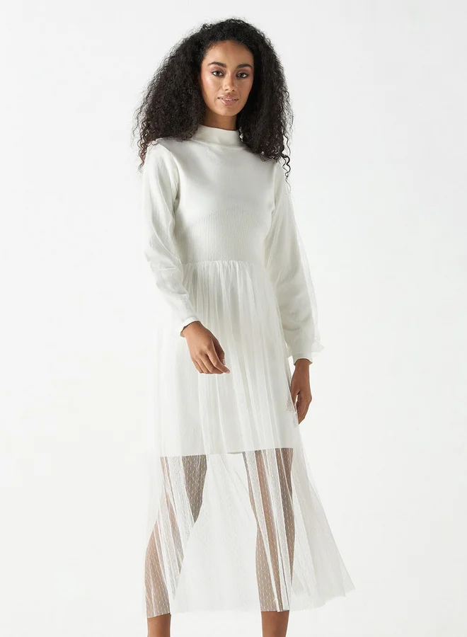 2Xtremz 2Xtremz Mesh Textured Midi Dress with Long Sleeves and High Neck