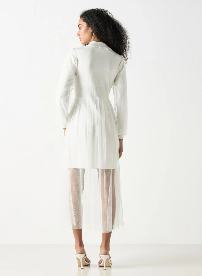 2Xtremz 2Xtremz Mesh Textured Midi Dress with Long Sleeves and High Neck