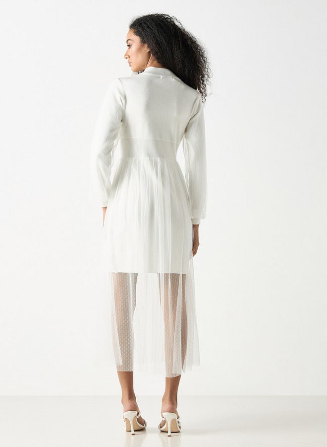 تواكستريمز فستان ميدي شبكي بارز الملمس بياقة عالية وأكمام طويلة من تو إكستريمز - Image 3