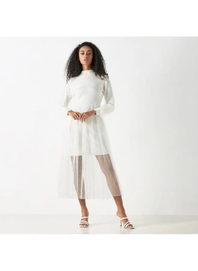 2Xtremz 2Xtremz Mesh Textured Midi Dress with Long Sleeves and High Neck