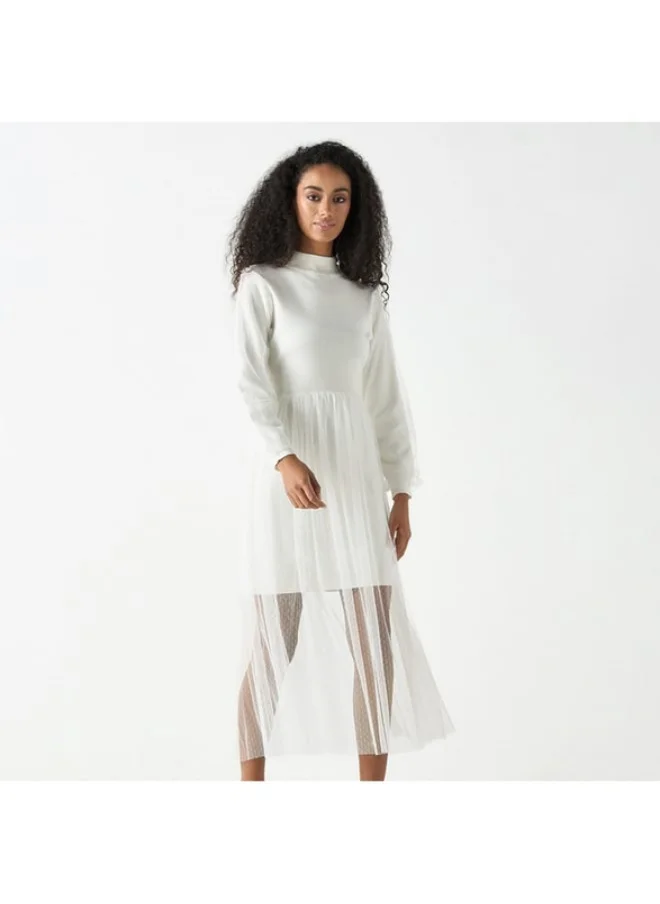 2Xtremz 2Xtremz Mesh Textured Midi Dress with Long Sleeves and High Neck