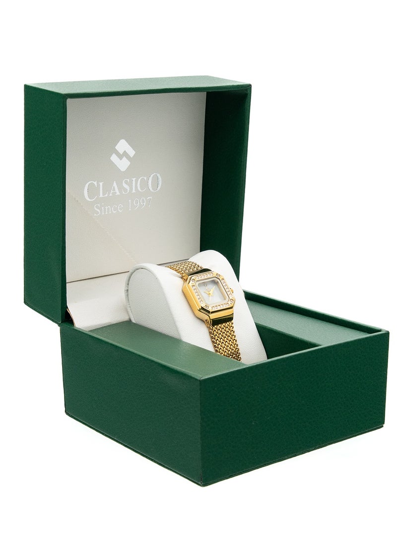 Clasico ساعة أنالوج ذهبية مطلية للنساء - إطار كريستالي | قرص مربع فاخر | حزام موضة - Image 5