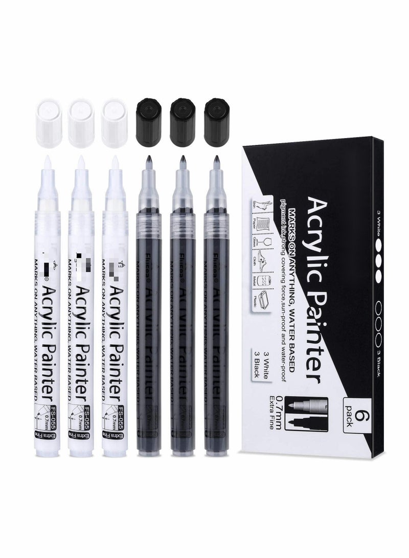 6 Pack White  Black Acrylic Paint Pens - 0.7mm Extra Fine Point Permanent Markers for Rock, Stone, Ceramic, Glass, Wood, Plastic, Metal, Canvas - Water-Based, Versatile Art Supplies - Image 1