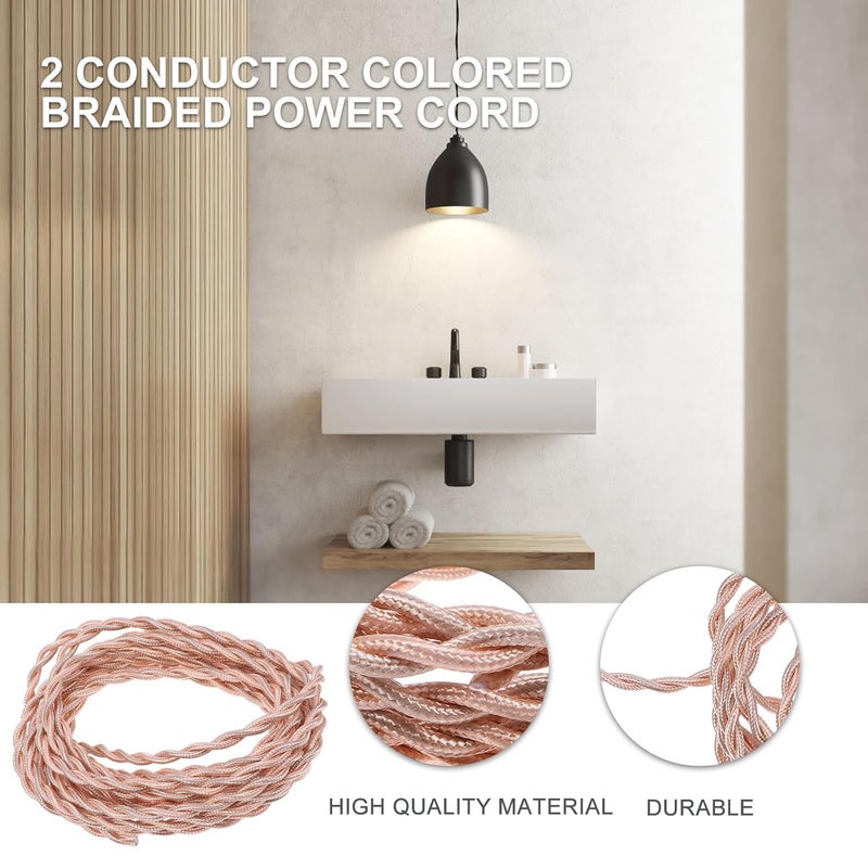 كابل مصباح من قماش ملفوف ذهبي وردي قديم للإضاءة المعلقة، لإعادة توصيل التركيبات العتيقة DIY - Image 4
