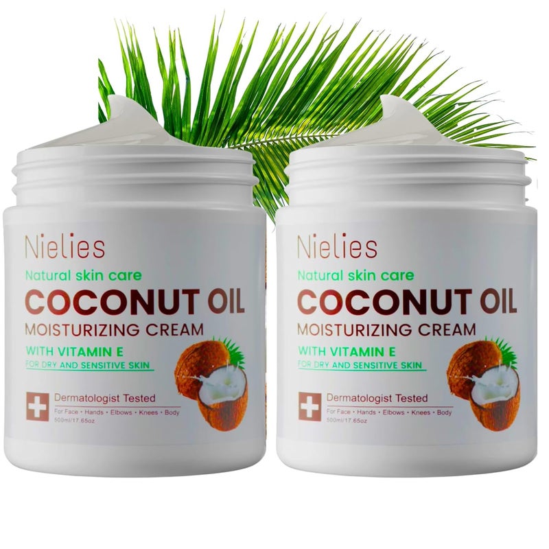 Nielies 2 Pcs X 500ML Coconut Oil CreamCoconut Oil Moisturizing Cream Coconut Oil Lotion for SkinFace Hands Hair Intense Hydration For Dry skin 2