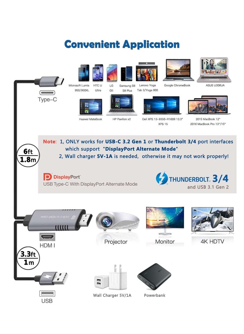 Generic - Type C to HDMI Adapter, 4K HD Video Digital Converter for iPhone u0026 Android, 1.8m USB C to HDMI Cable for Sync Screen Connector, for HDTV/Monitor/Projector - Image 1