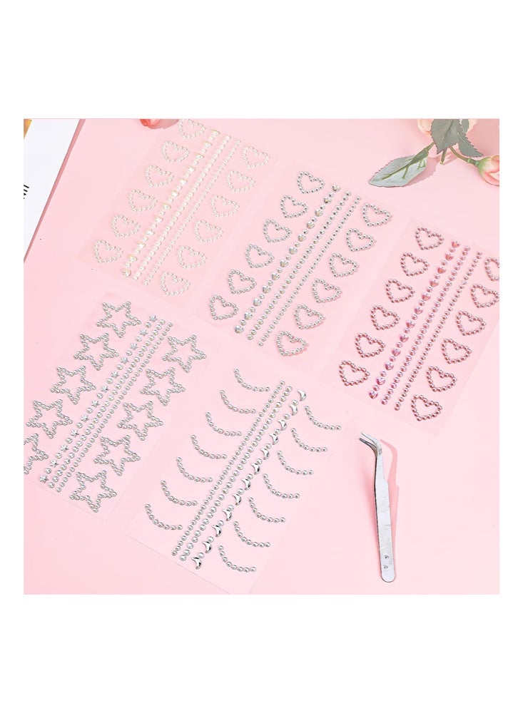 Coco 5 Sheets Self-Adhesive Glitter Stones Face for Make-Up, 3D Heart Star Moon Face Rhinestone Sticker Face Gemstone for Sticking on Face Eyes Nails Body Crystal Beads - Image 5