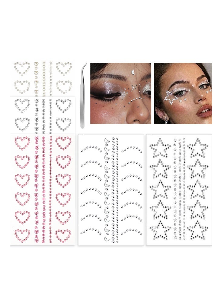 Coco 5 Sheets Self-Adhesive Glitter Stones Face for Make-Up, 3D Heart Star Moon Face Rhinestone Sticker Face Gemstone for Sticking on Face Eyes Nails Body Crystal Beads - Image 1