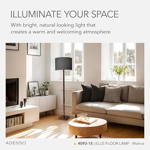 Adesso Floor Lamp with Walnut Rubberwood Base and Grey Fabric Lampshade – 58.5” x 16”, 3-Way Adjustable Brightness, Lamp for Bedroom, Living Room, and House Decor - Image 2