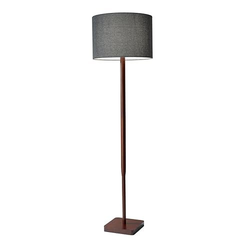 Adesso Floor Lamp with Walnut Rubberwood Base and Grey Fabric Lampshade – 58.5” x 16”, 3-Way Adjustable Brightness, Lamp for Bedroom, Living Room, and House Decor - Image 1