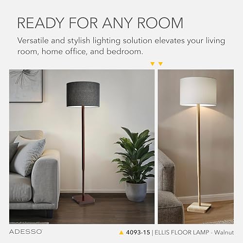 Adesso Floor Lamp with Walnut Rubberwood Base and Grey Fabric Lampshade – 58.5” x 16”, 3-Way Adjustable Brightness, Lamp for Bedroom, Living Room, and House Decor - Image 3