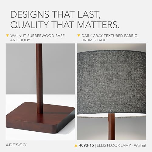 Adesso Floor Lamp with Walnut Rubberwood Base and Grey Fabric Lampshade – 58.5” x 16”, 3-Way Adjustable Brightness, Lamp for Bedroom, Living Room, and House Decor - Image 4