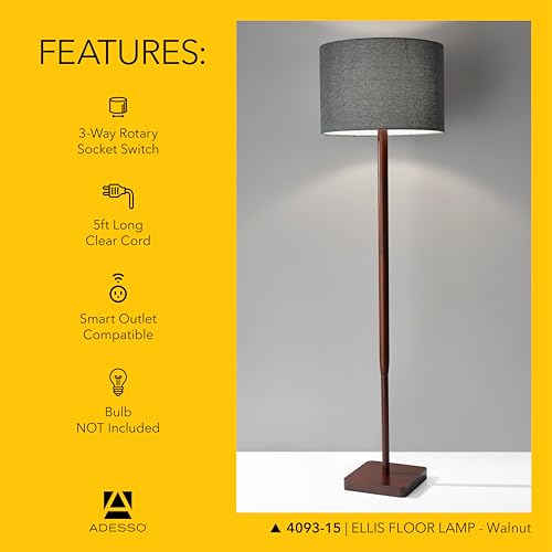 Adesso Floor Lamp with Walnut Rubberwood Base and Grey Fabric Lampshade – 58.5” x 16”, 3-Way Adjustable Brightness, Lamp for Bedroom, Living Room, and House Decor - Image 5