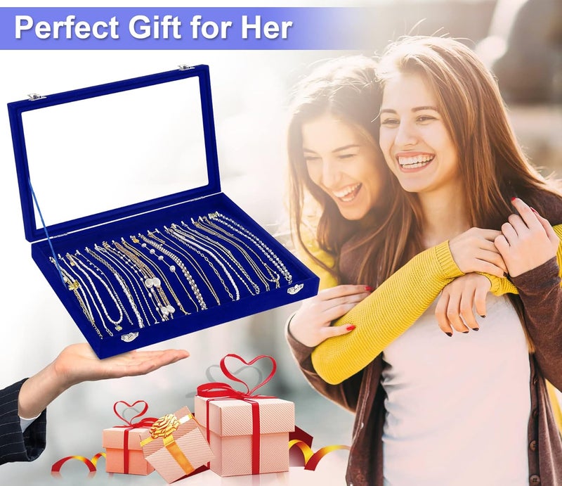 Jenseits Jewelry Display Box For Necklace Organizer, Velvet Necklace Storage Tray For Drawer, 20 Hooks Large Velvet Showcase Holder, Jewelry Organizer With Transparent Lid, Gifts For Her - Blue - Image 3