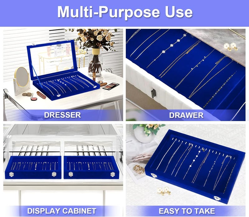 Jenseits Jewelry Display Box For Necklace Organizer, Velvet Necklace Storage Tray For Drawer, 20 Hooks Large Velvet Showcase Holder, Jewelry Organizer With Transparent Lid, Gifts For Her - Blue - Image 5