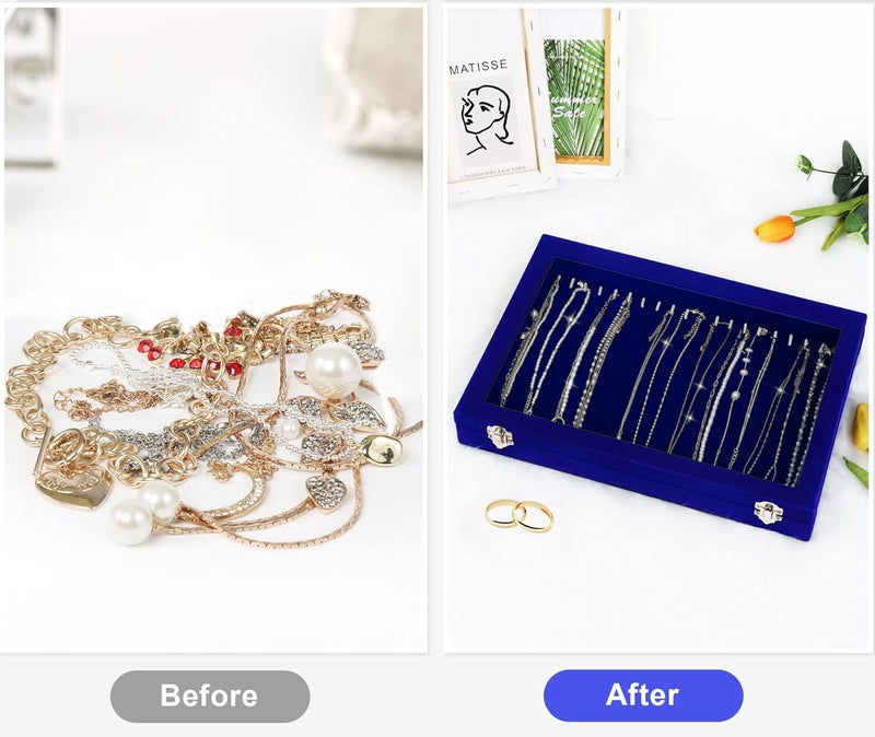Jenseits Jewelry Display Box For Necklace Organizer, Velvet Necklace Storage Tray For Drawer, 20 Hooks Large Velvet Showcase Holder, Jewelry Organizer With Transparent Lid, Gifts For Her - Blue - Image 4