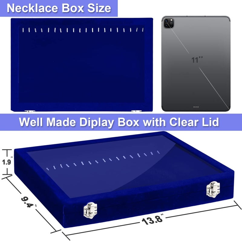 Jenseits Jewelry Display Box For Necklace Organizer, Velvet Necklace Storage Tray For Drawer, 20 Hooks Large Velvet Showcase Holder, Jewelry Organizer With Transparent Lid, Gifts For Her - Blue - Image 2