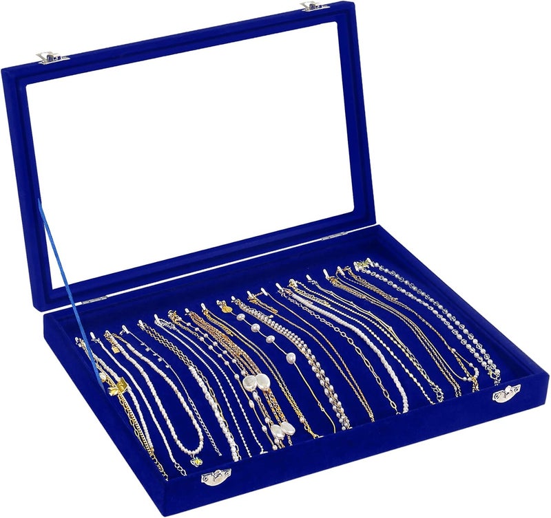 Jenseits Jewelry Display Box For Necklace Organizer, Velvet Necklace Storage Tray For Drawer, 20 Hooks Large Velvet Showcase Holder, Jewelry Organizer With Transparent Lid, Gifts For Her - Blue - Image 1