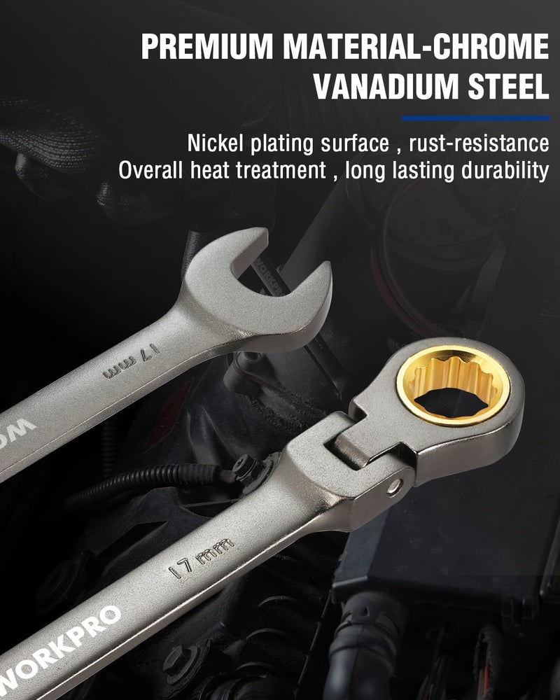 WORKPRO 17 mm Flex-Head Ratcheting Combination Wrench, Cr-V Constructed, Nickel Plating, 72-Teeth, 12 Point Design, Metric - Image 3